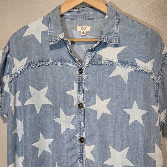 Easel Star Print Chambray Denim Midi Dress Frayed Hem Americana Western Size S - Picture 12 of 13